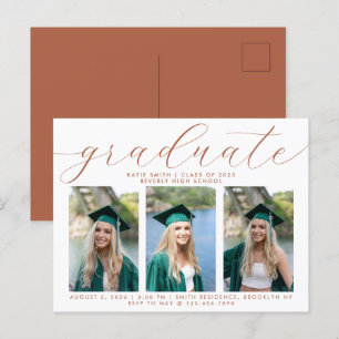 Elegant Terracotta Script Afstuderen 3 Foto Uitnodiging Briefkaart
