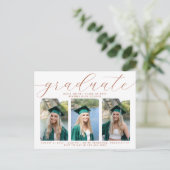 Elegant Terracotta Script Afstuderen 3 Foto Uitnodiging Briefkaart (Staand voorkant)