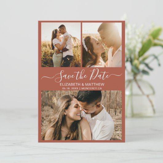Elegant Terracotta Script Photo Collage Wedding Save The Date (Staand voorkant)