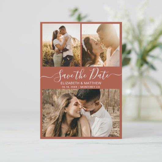 Elegant Terracotta Script Photo Collage Wedding Save The Date (Staand voorkant)