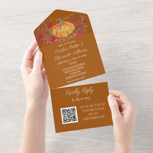 Elegant Terracotta Script RSVP Whimsical QR Code All In One Uitnodiging (Afscheurbaar)