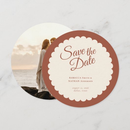 Elegant Terracotta Script Scallop Weddenfoto Save The Date (Voorkant / Achterkant)