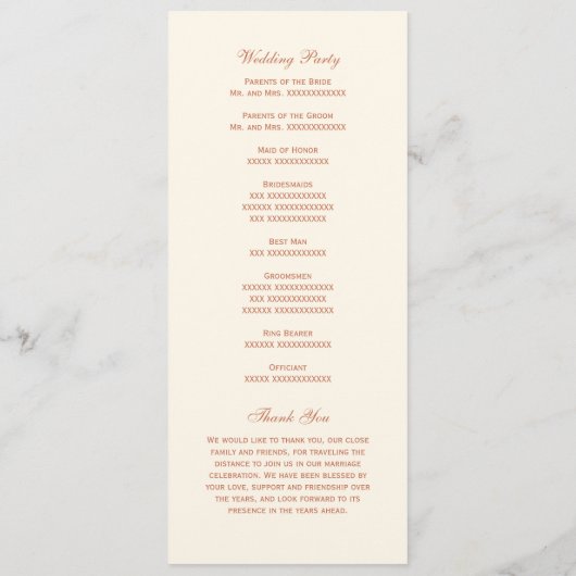 Elegant Terracotta Script Wedding Ceremony Programmakaart (Achterkant)