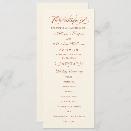 Elegant Terracotta Script Wedding Ceremony Programmakaart (Voorkant / Achterkant)