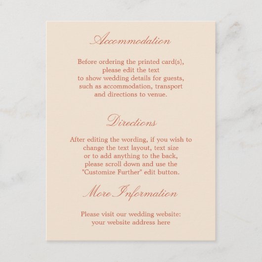 Elegant Terracotta Script Wedding Details Kaart (Voorkant)