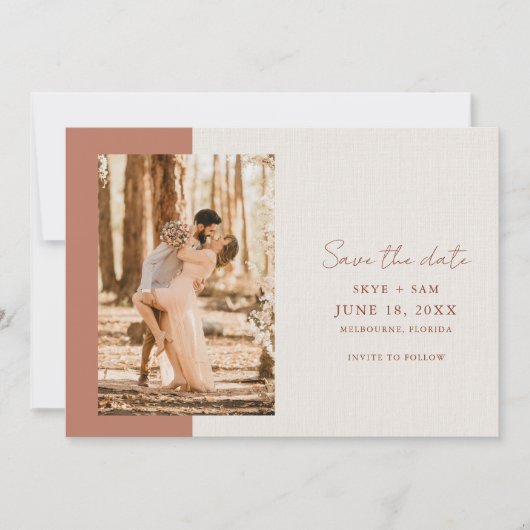 Elegant Terracotta Simple Photo Wedding Save The Date (Voorkant)