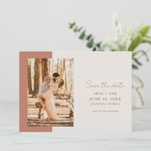 Elegant Terracotta Simple Photo Wedding Save The Date (Staand voorkant)