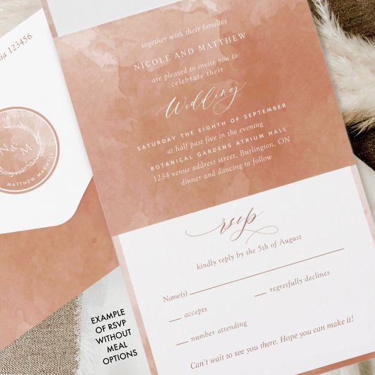 Elegant Terracotta Waterverf Monogram Weddenschap All In One Uitnodiging