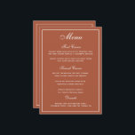 Elegant Terracotta White Script Wedding Menu<br><div class="desc">Een elegante manier om uw gasten te shows hun menuopties. In terracotta oranje met wit schrijven. Een elegante doopvont van de manuscriptbruiloft is gecombineerd met een moderne stijl alle doopvont die van petten tot een stijlvol,  maar gebruikersvriendelijk trouwmenu leidt. De ruime ruimte is toegewezen voor uw menuopties.</div>