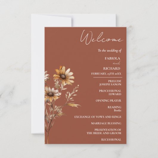 Elegant Terracotta Wildflower Trouwprogramma Kaart (Voorkant)