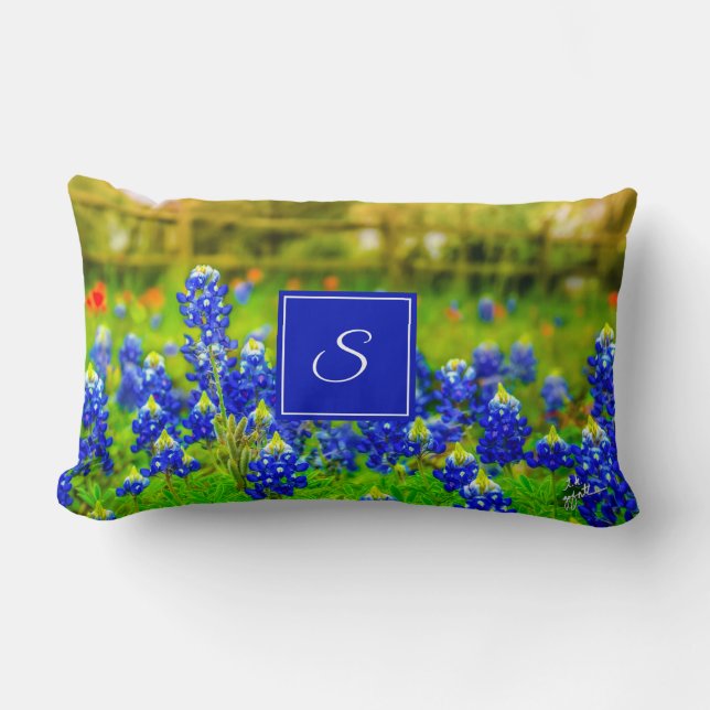 Elegant Texas Bluebonnets Blauw Bloemen Monogram Kussen (Voorkant)