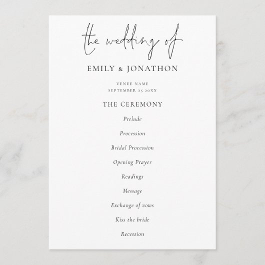 Elegant Text Black White Wedding Program Kaart (Voorkant)