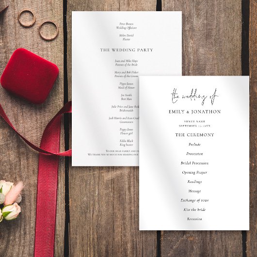 Elegant Text Black White Wedding Program Programmakaart