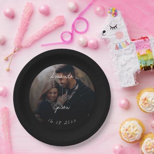 Elegant Text Overlay Script Photo Wedparty Papieren Bordje (Feest)