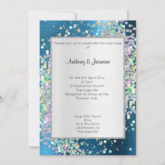ELEGANT TEXTURED BLUE HOLOGRAPHIC PASTEL WEDING KAART (Voorkant)