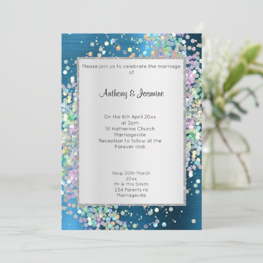ELEGANT TEXTURED BLUE HOLOGRAPHIC PASTEL WEDING KAART (Staand voorkant)