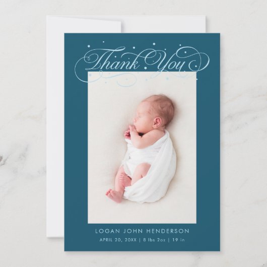 Elegant Thank You Calligraphy Teal Birth Aankondiging (Voorkant)