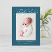 Elegant Thank You Calligraphy Teal Birth Aankondiging (Staand voorkant)