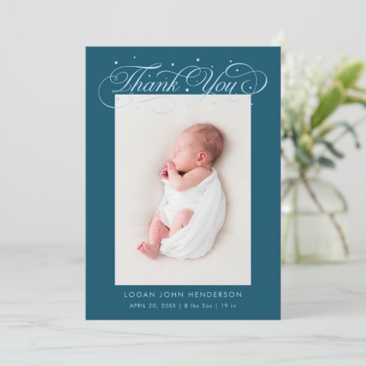 Elegant Thank You Calligraphy Teal Birth Aankondiging (Staand voorkant)