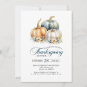 Elegant Thanksgiving Diner Blauw Gouden Pompoenen Kaart (Voorkant)