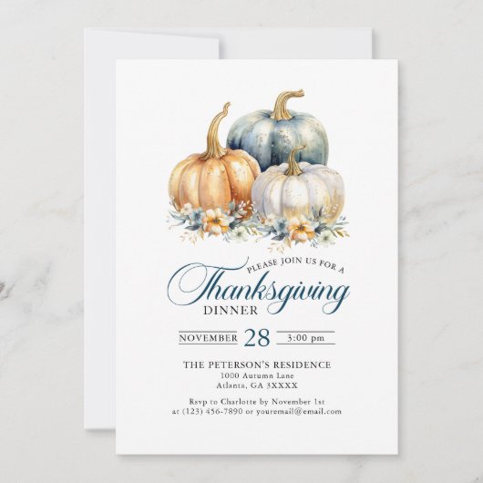 Elegant Thanksgiving Diner Blauw Gouden Pompoenen Kaart (Voorkant)