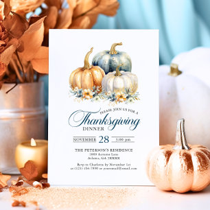 Elegant Thanksgiving Diner Blauw Gouden Pompoenen Kaart