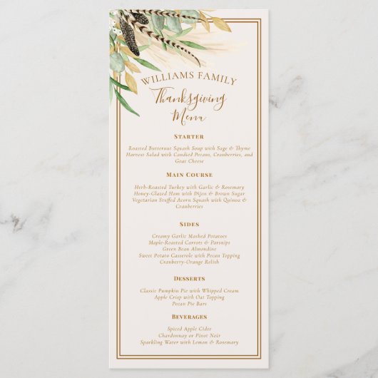 Elegant Thanksgiving Dinner Fall Feather  Menu (Voorkant)
