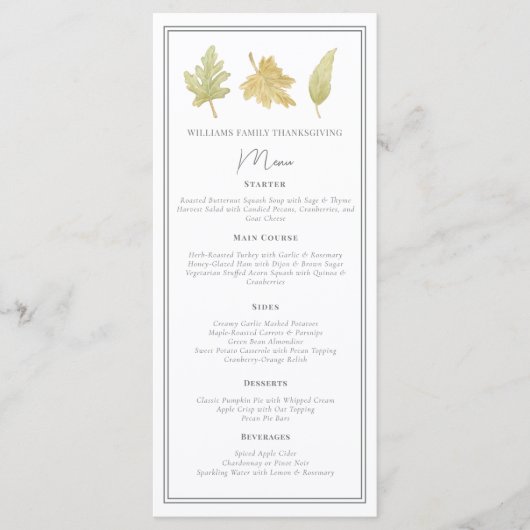 Elegant Thanksgiving Dinner Fall Leaves Menu (Voorkant)
