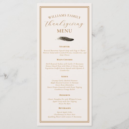 Elegant Thanksgiving Dinner Fall Pheasant Feather  Menu (Voorkant)