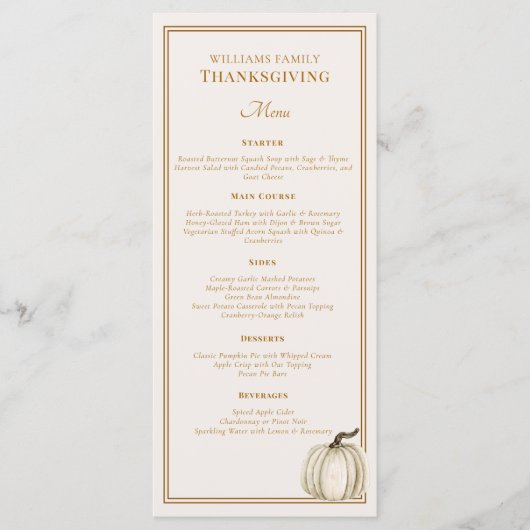Elegant Thanksgiving Dinner Fall White Pumpkin  Menu (Voorkant)
