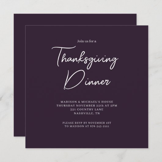Elegant Thanksgiving Dinner Paars Script Kaart (Voorkant / Achterkant)
