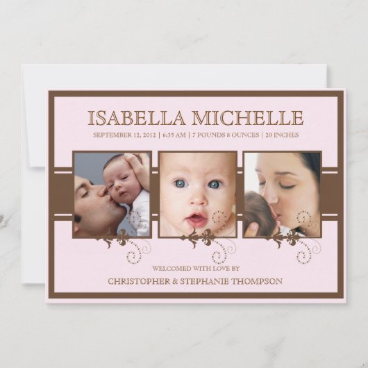 Elegant Three Photo Baby Girl Birth Notice Aankondiging (Voorkant)