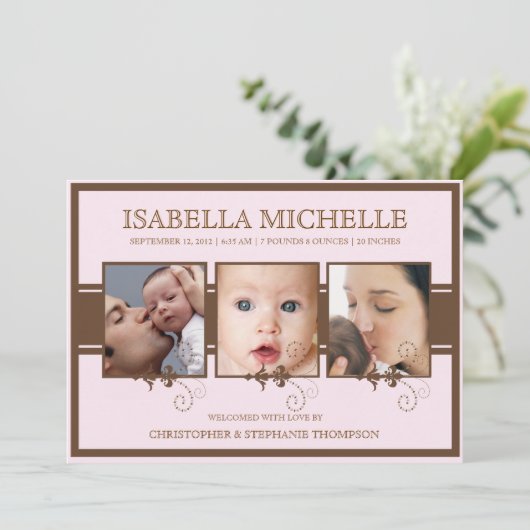 Elegant Three Photo Baby Girl Birth Notice Aankondiging (Staand voorkant)