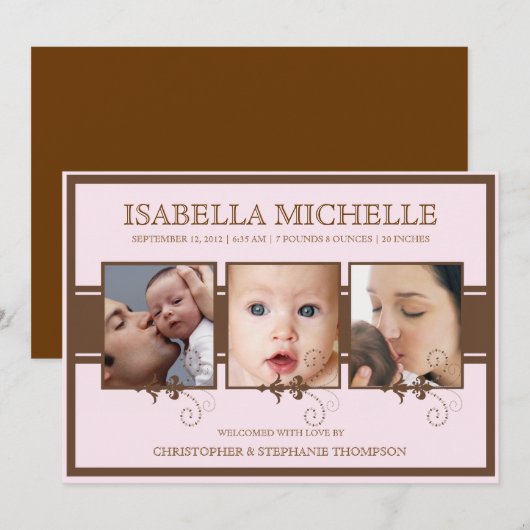 Elegant Three Photo Baby Girl Birth Notice Aankondiging (Voorkant / Achterkant)