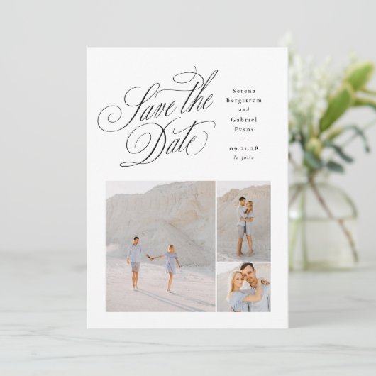 Elegant three photo black and white wedding save the date (Staand voorkant)