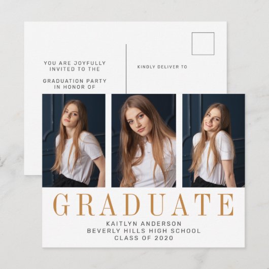 Elegant Three Photo Minimalist Afstuderen Aankondigingskaart (Voorkant / Achterkant)