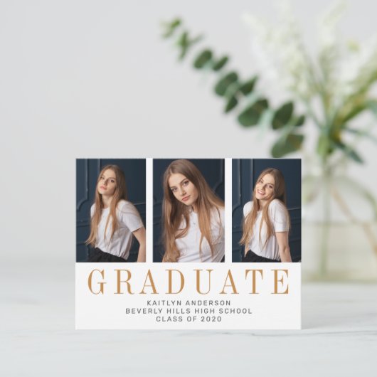 Elegant Three Photo Minimalist Afstuderen Aankondigingskaart (Staand voorkant)