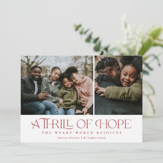 Elegant Thrill of Hope Two Photo Red Kerstmis Feestdagenkaart (Staand voorkant)