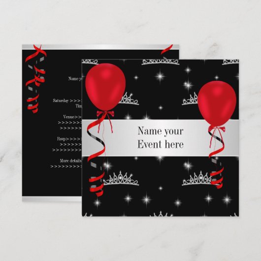 Elegant Tiara Black Red Balloons Special Event Kaart (Voorkant / Achterkant)