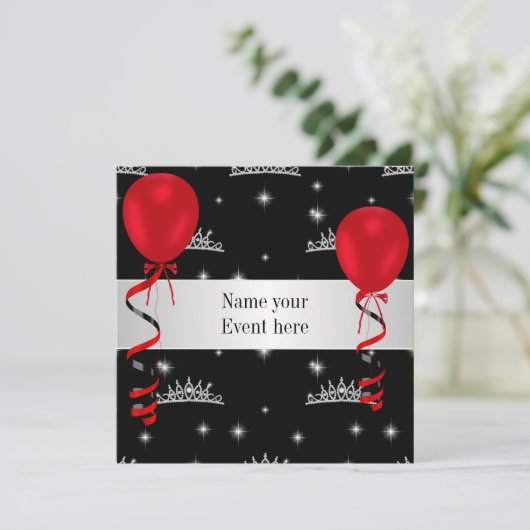 Elegant Tiara Black Red Balloons Special Event Kaart (Staand voorkant)