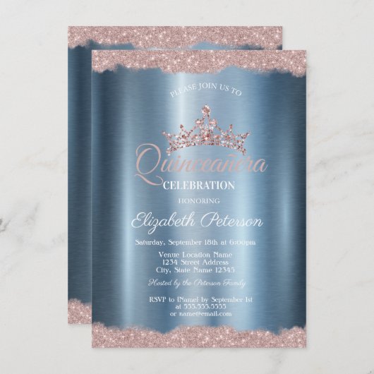 Elegant Tiara Blue Metallic Quinceañera Kaart (Voorkant / Achterkant)