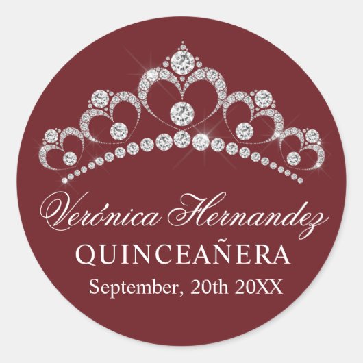 Elegant Tiara Burgundy Spain Quinceañera Quince Ronde Sticker (Voorkant)