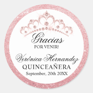 Elegant Tiara Pink Spain Quinceañera Quince Clas Ronde Sticker