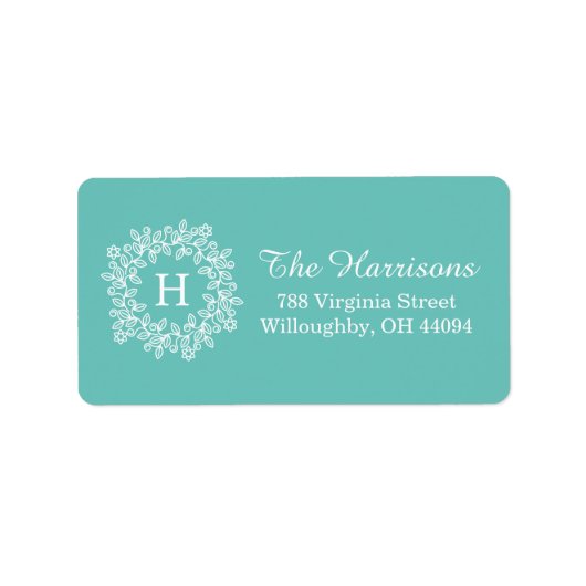 Elegant Tiffany Blauwgroen groen Floral Wreatmonog Etiket (Voorkant)