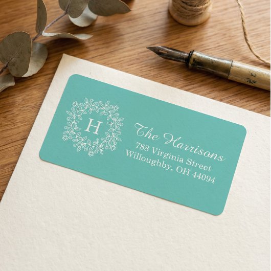 Elegant Tiffany Blauwgroen groen Floral Wreatmonog Etiket