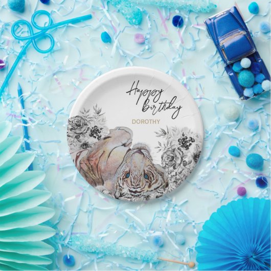 Elegant Tiger Botanical Floral Birthday Papieren Bordje (Feest)