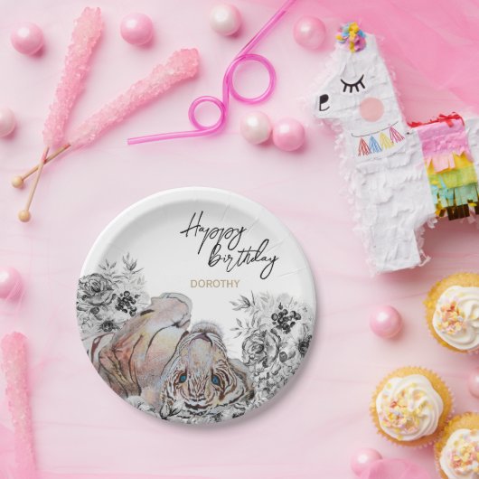 Elegant Tiger Botanical Floral Birthday Papieren Bordje (Feest)