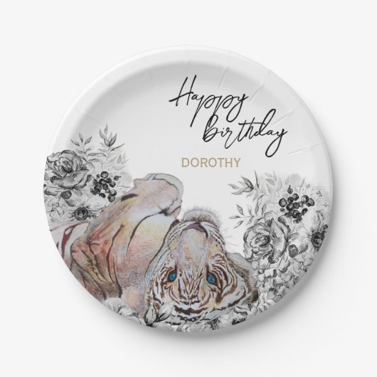 Elegant Tiger Botanical Floral Birthday Papieren Bordje (Voorkant)