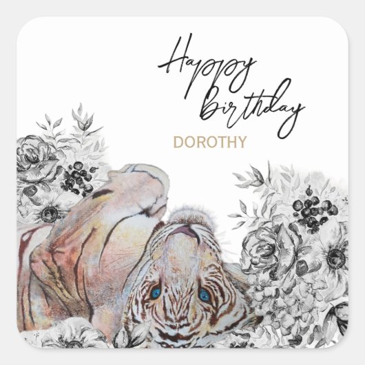 Elegant Tiger Botanical Floral Birthday Vierkante Sticker (Voorkant)