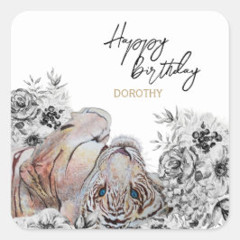 Elegant Tiger Botanical Floral Birthday Vierkante Sticker